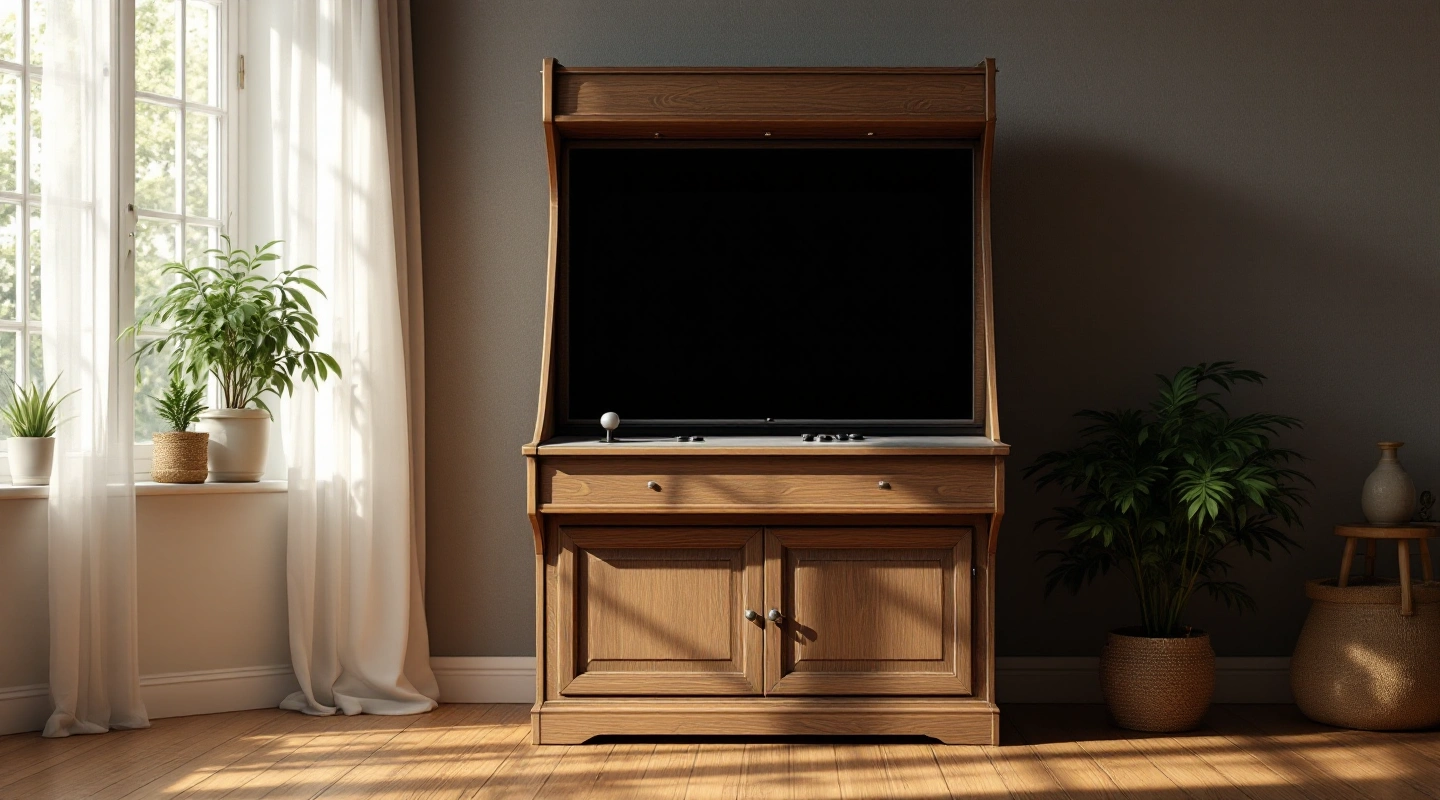 A plain wooden arcade cabinet with a dark screen near a window